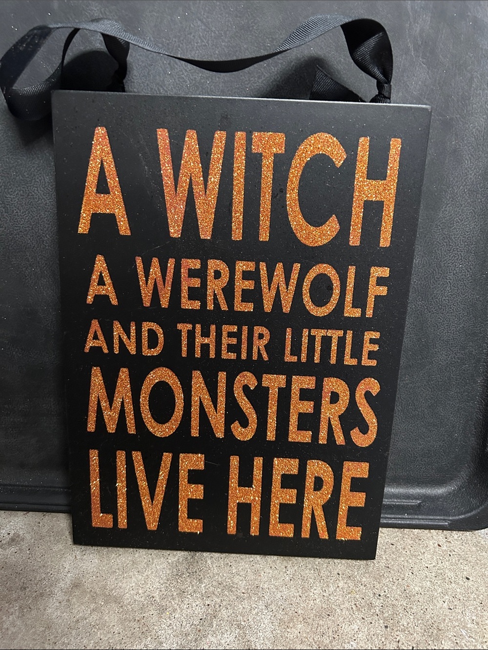 Halloween Wall Sign - Black with Orange Glitter Text